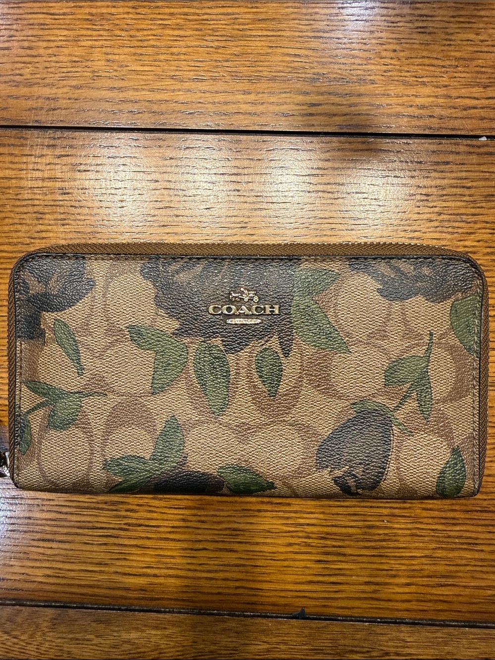 Coach Brown Floral Signature Zip Wallet with Green Leaves